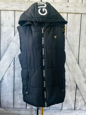 Guess Black Quilted Puffer Vest with Hood